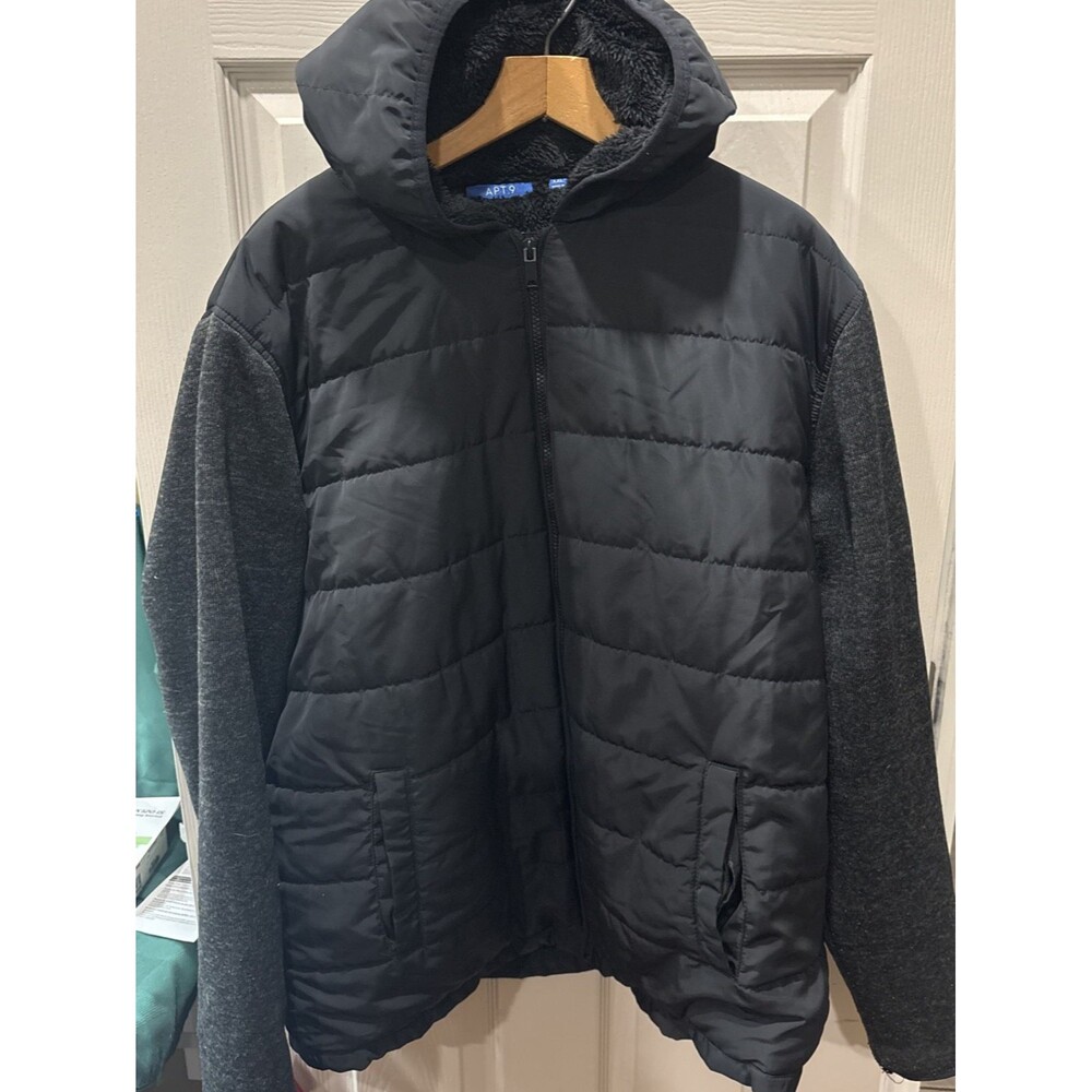 Apt. 9 Men’s XXL Black Hooded Puffer Jacket Faux Sherpa Lined Full Zip